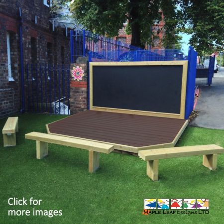 Engage imaginative play and promote creativity outdoors with exciting performances and classroom productions. This platform provides children with a space to perform plays, musicals, dance routines and drama performances in front of their peers and teachers. Take the classroom outside into the playground, where dancing, acting, singing, performing and storytelling will have a dedicated area thanks to the Deck Stage. This is a great way to introduce children to learning outdoors, allowing children and teachers alike to participate in outdoor teaching, reading and role-play activities. The Deck Stage is perfect for building confidence, encourage drama play, public speaking and teamwork. We manufacture Stages in various sizes to suit your requirements, but our most popular size is the 2.4m x 2.4m stage with 2no chamfered front corners. This works perfectly with our 2.4m x 1.2m Magnet Compatible Chalkboard and Timber Bench Seating, as seen in the images.