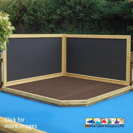 The Double Chalkboard & Corner Stage is a 2.4m x 2.4m stage with a chamfered corner, and two 2.4m x 1.2m free standing Magnetic Chalkboards.  Engage imaginative play and promote creativity outdoors with exciting performances and classroom productions. This platform provides children with a space to perform plays, musicals, dance routines and drama performances in front of their peers and teachers. Take the classroom outside into the playground, where dancing, acting, singing, performing and storytelling will have a dedicated area, thanks to the Deck Stage. This is a great way to introduce children to learning outdoors, allowing children and teachers alike to participate in outdoor teaching, reading and role-play activities. Stages are perfect for building confidence, encouraging an interest in theatre, public speaking and teamwork. This Stage works well with our Magnet Compatible Chalkboard and Timber Bench Seating options. 