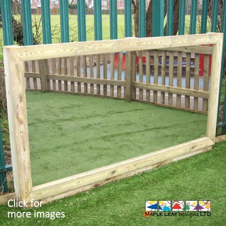 Our Large Mirror will create provide playgrounds with a large, eye-catching feature. This item will help to open up smaller spaces, and provide children with engaging fun. The stainless steel mirror is enclosed in a timber frame. To suit your requirements, we can either provide you with our wall-mounted, or post mounted option.