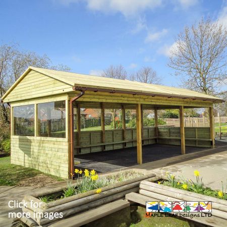 Our typical Mobberley Shelter with Windows are supplied with Timber Benches and guttering. We also offer a polycarbonate window option if required, otherwise the window bays are left open for maximum airflow.