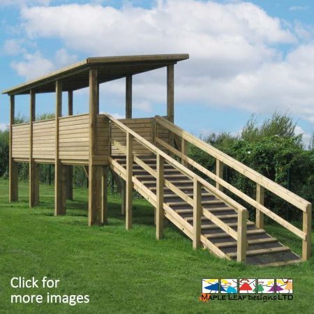 Our Observation Platform is ideal for playgrounds and fields for spotting wildlife in rural areas, or even for spectators during school sports games. The full timber construction is raised off the ground at varying heights, depending on your requirements. A with a wood/Hexadeck ramp leads up into the shelter for ease. For further enclosure, we can also fit these platforms with polycarbonate windows.