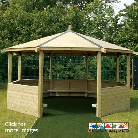 Easily conduct outdoor lessons and promote learning opportunities with our Octagonal Shelter with Half Sides. Not only does this shelter provide you with a space for educating children, it also offers the children with a secluded, calming area to retreat to during lunchtime and breaktimes. Our Octagonal Shelters are constructed from timber and fitted with Benches. Items such as Chalkboards and Play Panels can also be added to the interior sides for additional play value. 