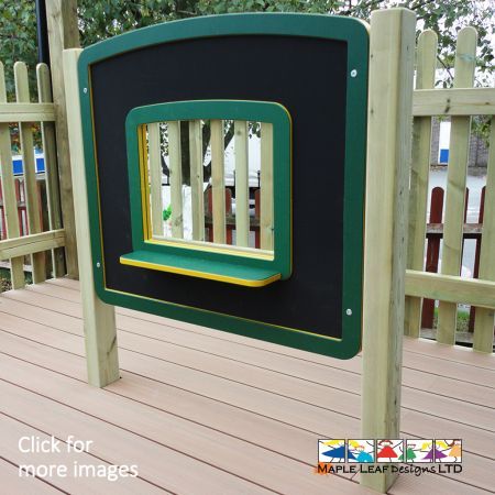 Increase imaginative play through art with our Shop Front Panel. Children can dive into a world of make belief with this item, allowing them to role-play various different situations and decorate their very own 'shop'. One side of the panel is a chalkboard, while the other side is a whiteboard. The window in the middle provides the children with a small hatch for additional play value.