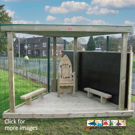 Ideal for unused corners of the playground, the Storytelling Corner can be manufactured bespoke to suit your requirements. The corner consists of a triangular timber pergola with either a Green Mesh or Polycarbonate Roof, a Deck Stage, Timber Bench Seating, a Story Telling Chair and a Magnetic Compatible Chalkboard. 