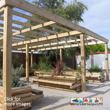 We offer our standard Timber Pergola in various sizes to suit your playground. The pergola provides a perfect outdoor classroom, waiting area or calm area in your playground. They are available with and without the optional planter seating system inside the pergola. The main picture depicts a 6m x 6m pergola with a planter seating system.