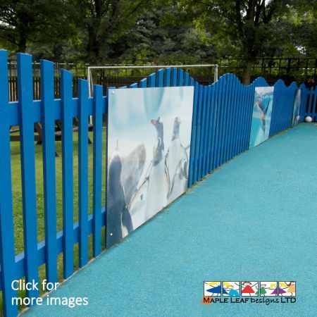 Add dynamic, colourful boundaries to your play area with our Timber Wave Top Fencing. We can customise this fencing to suit your needs, creating a theme for a specific area in the playground and painting the fence in a variety of different colours. Blue fencing with screening. Themed fencing for playground.