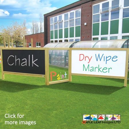 This Free Standing Chalk, Draw & Paint Multi Panel turns mark-making into a group activity. Offering three different mediums for children to apply their imagination to, this unit can also easily double as a teaching aid for outdoor education. The simple timber construction is clean and unobtrusive, making this item a great way to break up an open space and add a focal point to your playground. Mark Making Benefits Through Mark Making, children can visually represent their thoughts and ideas in a creative manner. The individual panels can easily be wiped clean for new markings.