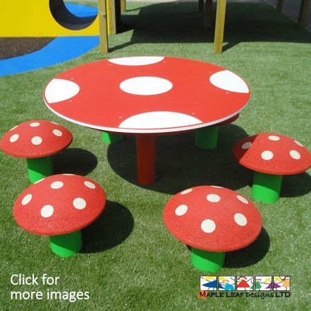 Mushroom Sproston Eight Seat Picnic Table. Encourage socialisation, expand imaginations, practice communication skills. Great for lunchtimes, breaktimes and outdoor lessons. Metal posts, rubber mushroom tops.