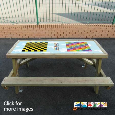 With a variety of table tops to choose from, our Theme Top Picnic Tables can be both educational and enjoyable. Tops available are: A-Z, Roadway, Double Snake and Ladders, Double Chess or single Chess with single Snakes and Ladders.