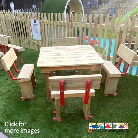 Woodland Timber Square Bench. Ideal for lunchtimes, breaktimes and socialisation. Enhances communication skills. Provides children with an area to both play and eat. Aesthetically pleasing, boasts a robust timber construction to add a natural feeling to the playground. Unobtrusive and visually pleasing.