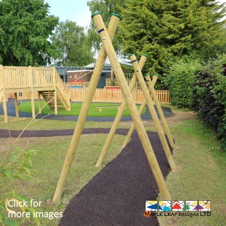 A-Frame Drape Posts. Walkway on a Brown Rubber Mulch Pathway through a Natural Play Area and Forest School. Ideal for den building, imaginative play and forestry skills. When it comes to den building, our A-Frame Drape Posts provide a sturdy structure for your children to build their shelter around. The wooden posts can be used for hanging sheets over, forming shelters for children to hide within and run through. The A-Frame Drape Posts can also be used to create a natural walkway around a path within the playground.  A typical set is made with three A-Frames, but we can add more to the set if required!