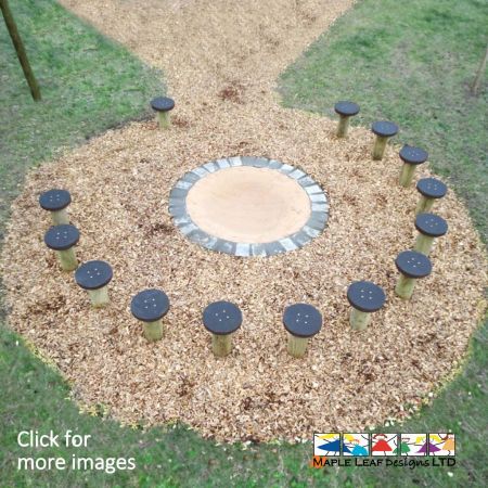 Campfire within a natural play area. Woodchip surfacing and stump seats. Replicate a true camping feel within the playground. Storytelling area, natural play area.