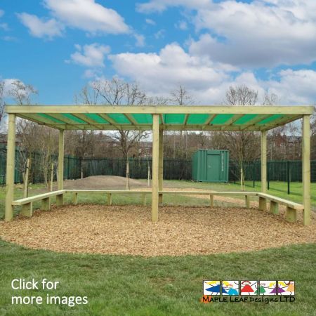 The Forest Classroom Green Mesh Pergola is both a functional and educational area, ideal for Forest School settings and Natural Play areas. Forest Classrooms are incredibly useful: they are an essential structure for educating children about the great outdoors - as well as acting as an alternative teaching environment. This pergola provides shade during sunny spells, and shelter during light rain.   Within this space, children can take a hands-on approach to learning outdoors. This will help to boost their confidence in natural environments, whilst promoting a more holistic approach to teaching outdoor skills, crafts and lessons about nature. 