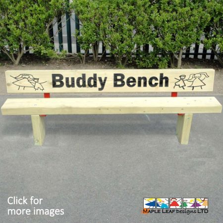 Timber Buddy Bench, ideal for building friendships and developing new ones. Engraved back-rest. Perfect seating for performances, natural play areas and forest schools