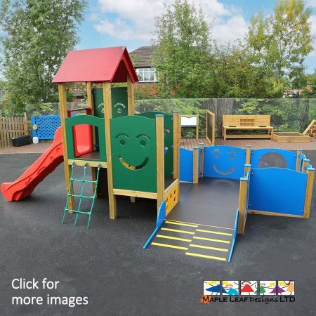 Our Inclusive Smile Tower consists of one split level platform with a roof, a climb net, slide, HDPE climb panels, ramp, rumble ramp for sensory enjoyment, ground level platform, HDPE side panels and polycarbonate bubbles. This tower can be manufactured bespoke to suit your needs and requirements, depending on the users.  Inclusive Smile Tower Benefits The Inclusive Smile Tower will bring children of all abilities together, meaning that nobody feels left out and everyone has an element of play to enjoy. Children with special educational needs will benefit from this piece of equipment, which emulates the appearance of a traditional play tower. Providing your playground with a piece of equipment that will bring all of the children together will encourage group participation, social interaction, sensory play and exercise. 
