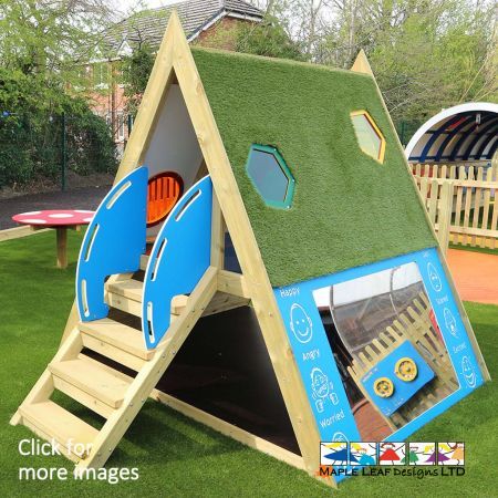 Our Sensory Lookout Tower provides children with a fun vantage point for curious children! This two-storey Play House is ideal for imaginative play, as children can clamber up the steps, hide in the lower cubby, or play around the exterior. The Timber Steps are accompanied with HDPE handrails that can be manufactured out in a colour of your choice. Outside of the unit, the each side is decorated with a Emotion Panel and Mirror & Emotion Panel and Chalkboard. The roof is clad in Artificial Grass for touch sensory play, and also features colourful Polycarbonate window shapes.
