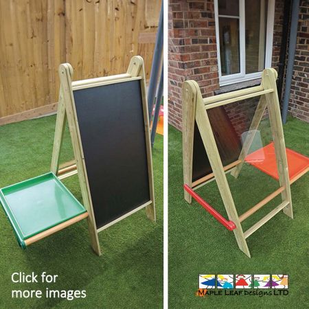 Usable both indoors and outdoors, our Movable Easel with Art Tray is a versatile piece of equipment for any school. A transparent polycarbonate panel is present on one side of the panel, with a chalkboard on the reverse. This means that two children can play with this item at one time and make use of the Art Tray for various paint brushes, chalk and sponges.  Mark Making Benefits Through Mark Making, children can visually represent their thoughts and ideas in a creative manner. Both the Chalkboard and Paint Panel can easily be wiped clean for new creations.