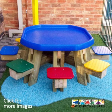 Sproston Tuff Tray Table with Seats. Great for Sand and Water Play. An ideal surface for messy play, encouraging different sensory experiences and a variety of outdoor lessons.