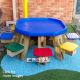 Sproston Tuff Tray Table with Seats. Great for Sand and Water Play. An ideal surface for messy play, encouraging different sensory experiences and a variety of outdoor lessons.