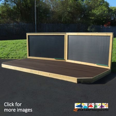 The Double Chalkboard & Stage is a 4.8m x 2.4m Stage, with 2no chamfered front corners. This Stage is also perfectly matched with 2no 2.4m x 1.2m Magnet Compatible Chalkboards. Engage imaginative play and promote creativity outdoors with exciting performances and classroom productions. This platform provides children with a space to perform plays, musicals, dance routines and drama performances in front of their peers and teachers. Take the classroom outside into the playground, where dancing, acting, singing, performing and storytelling will have a dedicated area, thanks to the Deck Stage. This is a great way to introduce children to learning outdoors, allowing children and teachers alike to participate in outdoor teaching, reading and role-play activities. Stages are perfect for building confidence, encouraging an interest in theatre, public speaking and teamwork. This Stage works well with our Magnet Compatible Chalkboard and Timber Bench Seating options.