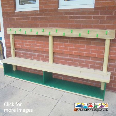 Welly Bench with Coat Hooks. Perfect storage and seating solution. Suitable for both outdoors and indoors. A great place to store wellies and hang coats. Perfect for breaktime and lunchtime.